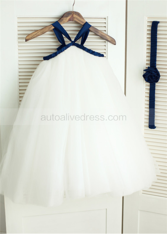 Ivory Tulle Navy Blue Straps Cross Flower Girl Dress 